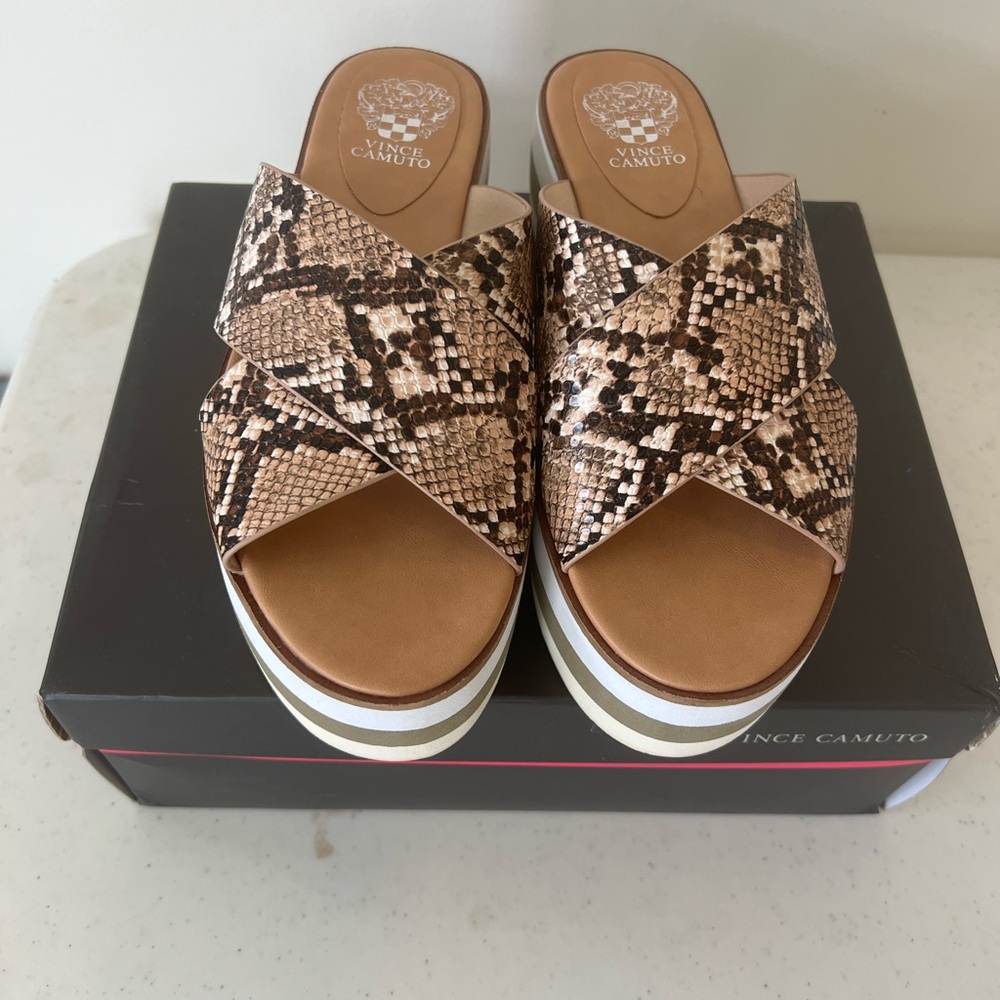 Vince Camuto Snakeskin Platform Slides - Tan and Black